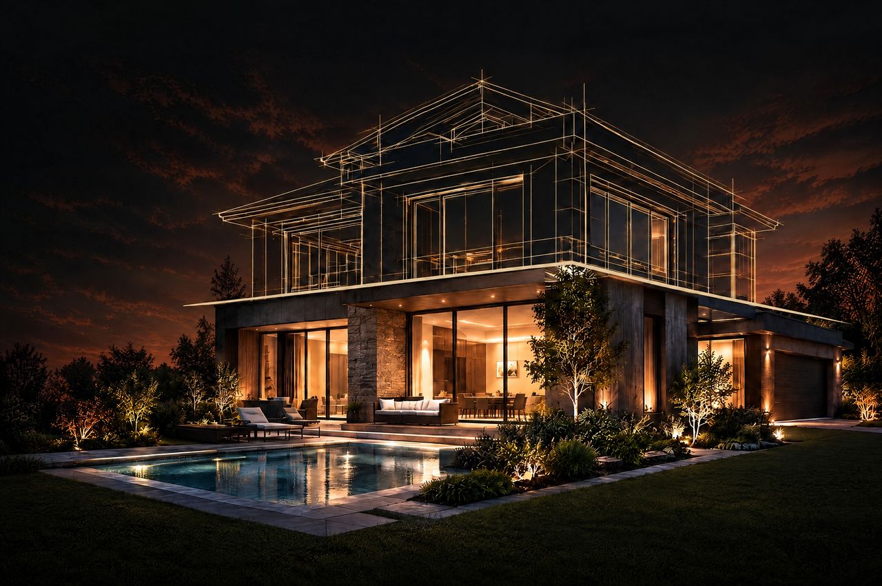 Illustration of a modern home at dusk. The roof and upper floor are drawn as a gold blueprint, and below a gold line the lower floor is built and lit, with a pool and landscaping.
